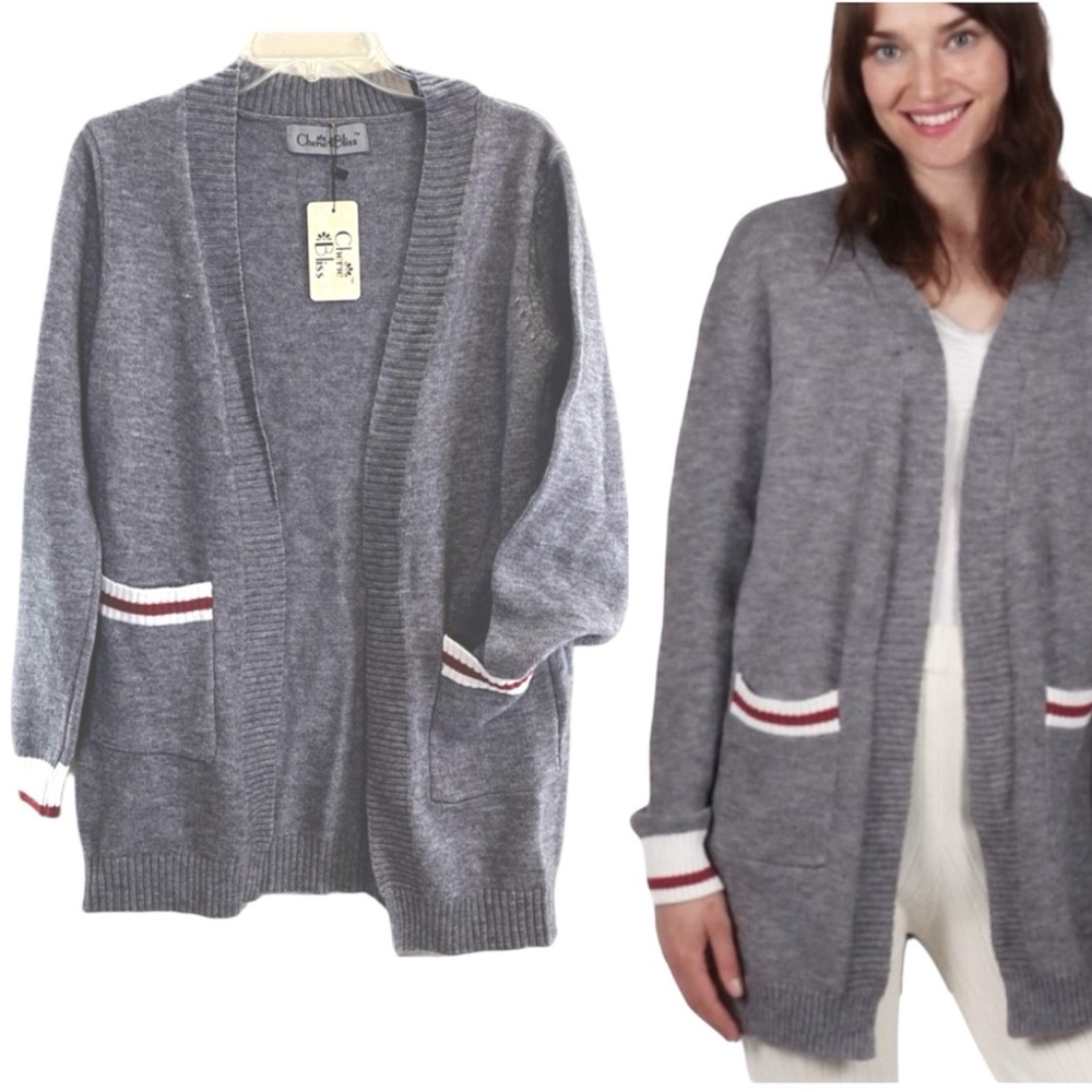 NEW Cherie Bliss Grey Grandpacore Cardigan Red and White Details, Women’s Size M